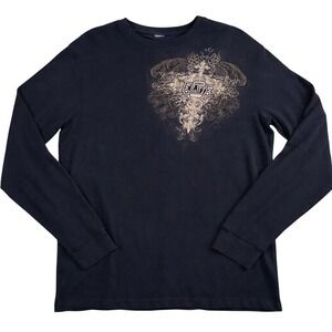 Y2K MMA Elite Men XL Black Waffle Knit Thermal Graphic Shirt Gothic Grunge FLAWS